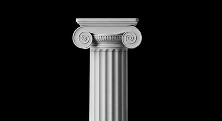 A fluted white column is centered against a black background The column has a decorative swirling capital