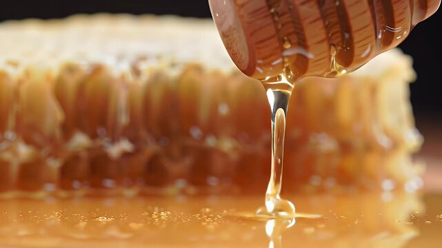 Golden Honey Dripping from Wooden Dipper onto Fresh Honeycomb Close Up Macro Shot Warm Natural Light