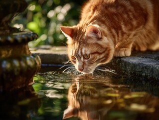 Curious Feline's Reflection Orange Cat Drinking Water