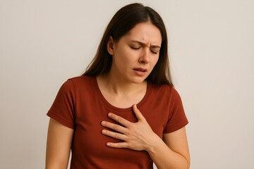 Young woman touching his left chest showing heart attack gesture, isolated on white background