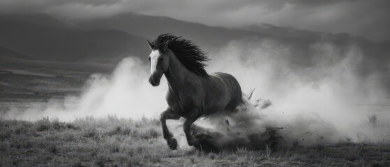 Dynamic monochrome image of a majestic stallion thundering across a dusty plain, embodying untamed spirit and freedom