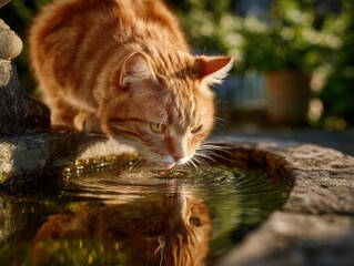 A thirsty ginger cat lapping water from a stone birdbath with its reflection visible in the golden hour light