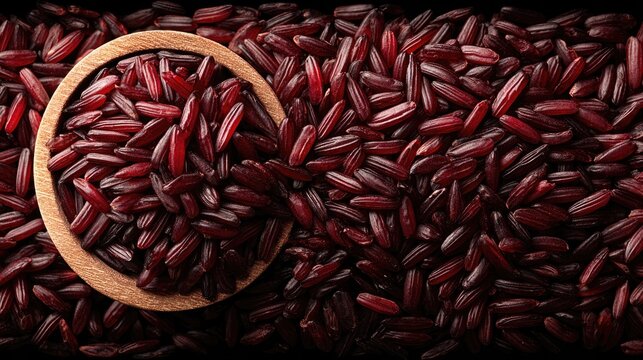 Dark red rice grains filling wooden bowl; full frame