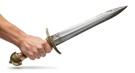 A hand firmly grips an antique dagger with a tarnished blade and ornate bronzecolored hilt against a stark white background