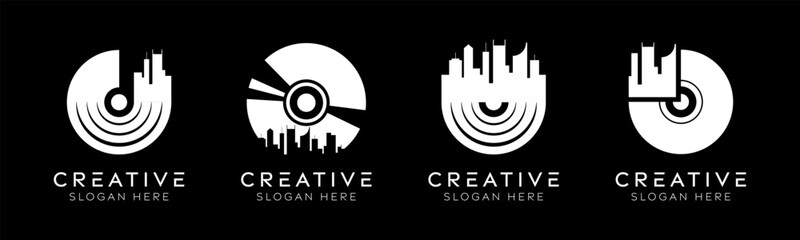 Set of music city logo design templates. Modern isolated music disc with city design for recording studios, vinyl stores, and music festivals.