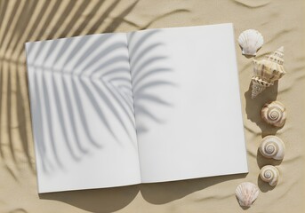 Nature and Environment Magazine Mockup on Sandy Surface Beside Seashells and Palm Leaf Shadow, Tropical Light Tone