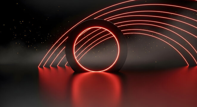 Abstract Neon Red Circle and Arcs on Dark Background with Particles and Reflections