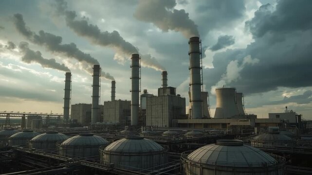 Large industrial power station with multiple cooling towers releasing massive amounts of smoke and steam