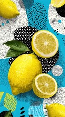 Lemons and halves on abstract blue, black, and white art