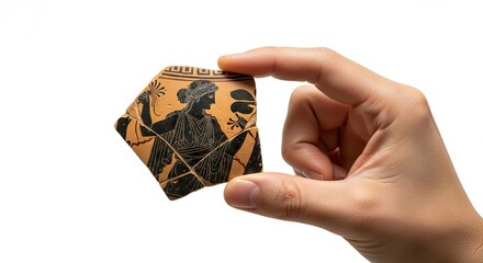 A hand holds a broken piece of Ancient Greek pottery decorated with a black figure of a woman
