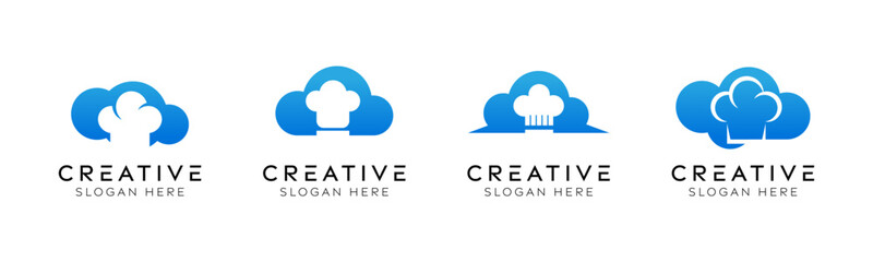 Set of cloud chef logo design templates. Modern isolated chef hat with cloud design for digital recipes, catering and software.