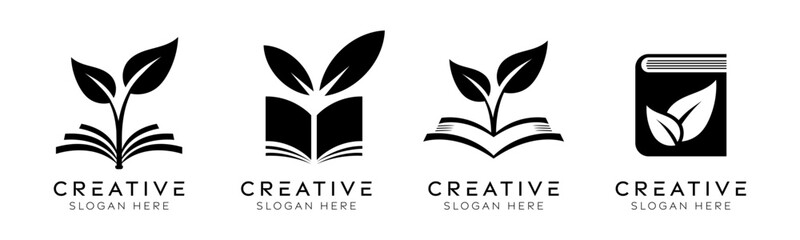 Set of natural book logo design templates. Modern isolated leaf with city design for education, nature and sustainability.