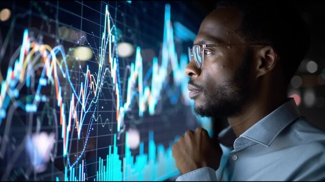 Market crash recession financial crisis. Inflation risk management. Stock market global economy. Economic collapse. A man analyzing financial data on a digital screen.