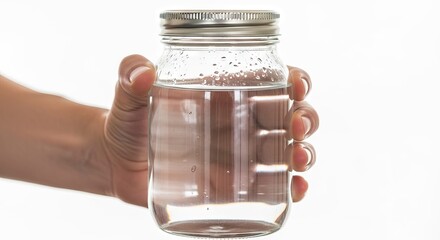 A hand holds a clear glass jar with a silver lid filled with liquid