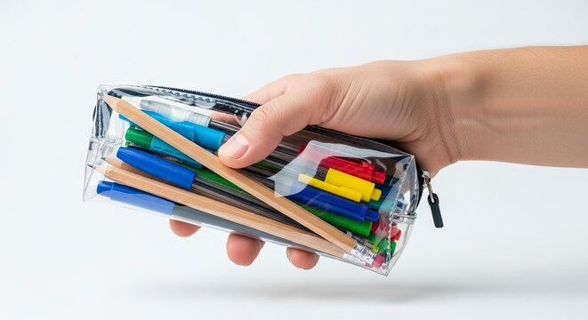 A hand holds a clear pencil case filled with colorful writing implements against a white background