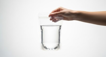 A hand holds a clear pouch filled with water against a white backdrop