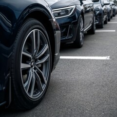 Parked Fleet of Luxury Vehicles A Detailed View of Tires and Rims, Showcasing Automotive Elegance and Modern Design in a Row of Premium Cars