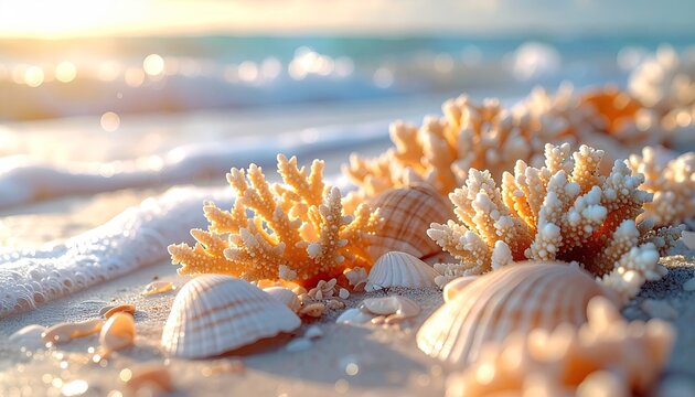 Close up view of seashells and coral on a wet sandy beach with gentle ocean waves washing ashore during a golden hour sunset with sparkling sunlight on the water