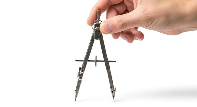 A hand holds a compass with adjustable legs set against a stark white background