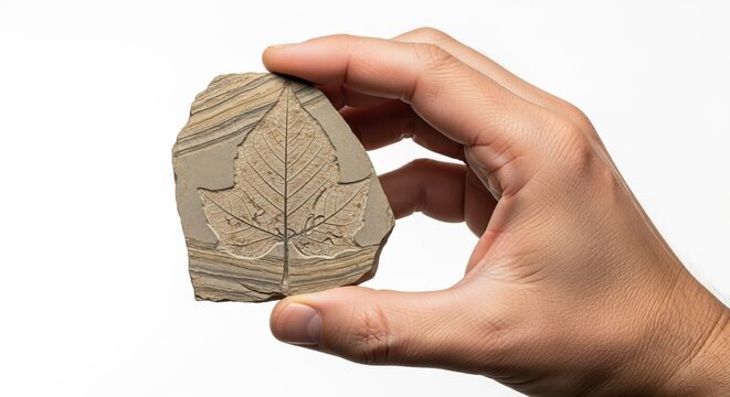 A hand holds a fossilized leaf imprint in a rock fragment against a plain white background