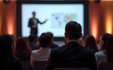 Audience listening speaker who standing in front of the room at the conference hall, Business and Entrepreneurship concept. High quality