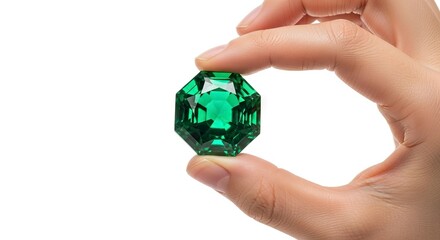 A hand holds a green octagonal gemstone against a white backdrop