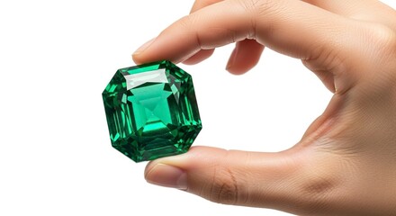 A hand holds a large emeraldcut green gem against a white background showcasing its facets and clarity