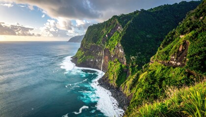 Dramatic Ocean Cliffs Covered in Lush Green Vegetation Bathed in Golden Hour Sunlight With Crashing Waves Below