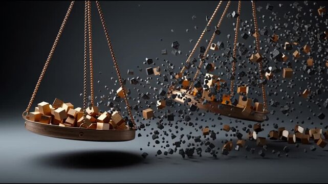 Market crash recession financial crisis. Inflation risk management. Stock market global economy. Economic collapse. A fluctuating balance scale with gold and black cubes dispersing.