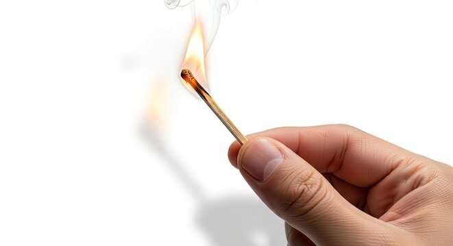 A hand holds a lit matchstick flame rising smoke drifting upwards against a white background with a soft shadow present
