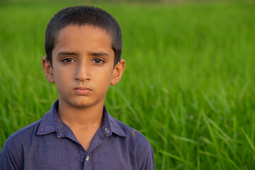 Young Pakistani boy standing in lush green field wearing blue shirt with calm and serious expression