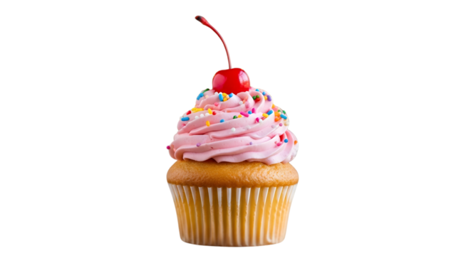 Delicious cupcake with pink frosting and cherry isolated on transparent background - Powered by Adobe