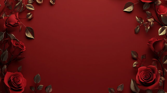 Deep red Valentine's Day scene with faint outlines of roses and kisses around the border, leaving a soft center area for personalized messages or text. Horizontal 16:9 web banner template