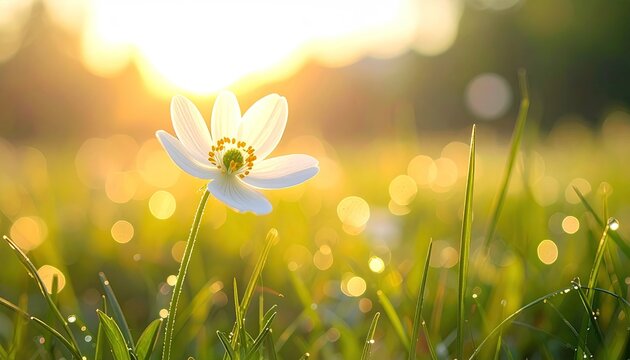 Close Up Of A Delicate White Flower In A Sunlit Meadow With Golden Bokeh And Dew Drops On Green Grass