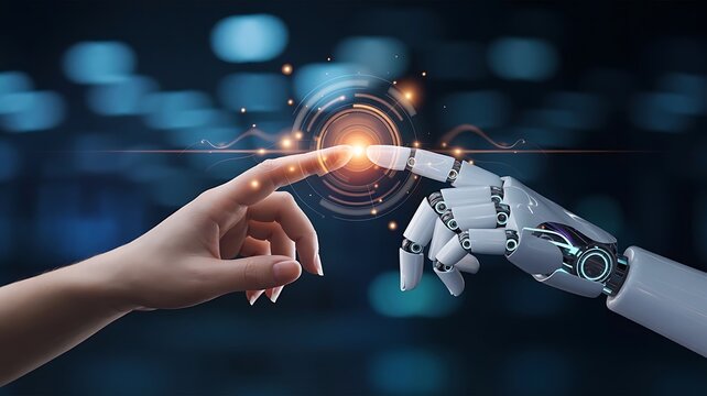 Human finger and robot hand touching glowing digital interface human hand technology