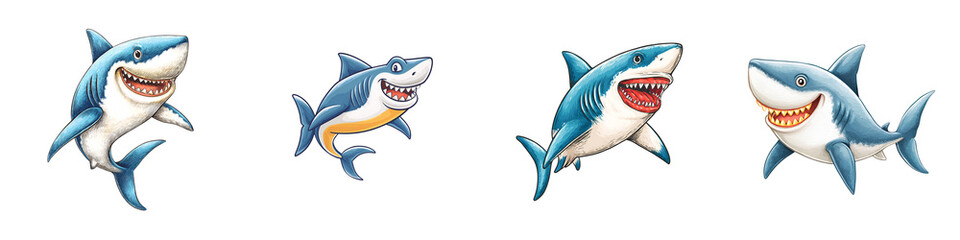 Naklejka premium Cartoon Sharks Collection: Playful Aquatic Characters on White