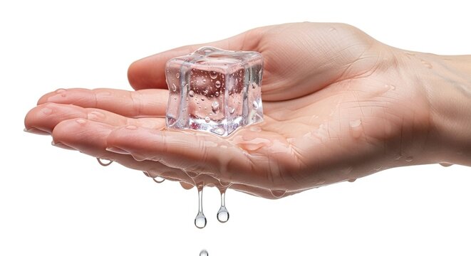 A hand holds a melting ice cube with water droplets