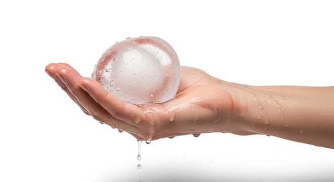 A hand holds a melting ice sphere water droplets cling to skin and drip below