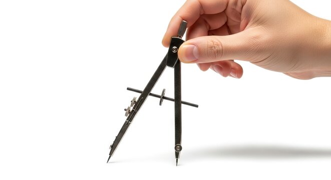 A hand holds a metal compass with a mechanical gear system against a bright white background