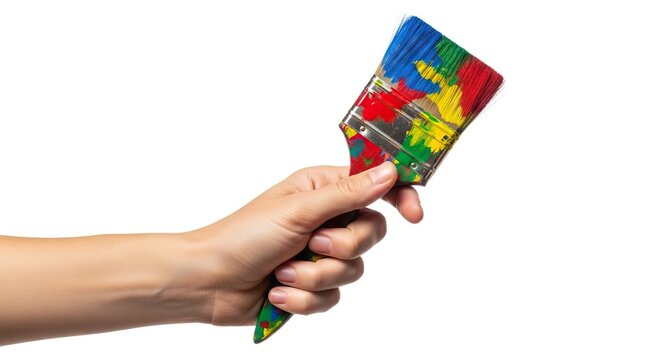 A hand holds a paintcovered brush bristles colorful against a white background - Powered by Adobe