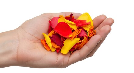 A hand holds a pile of yellow red and orange flower petals on a white background
