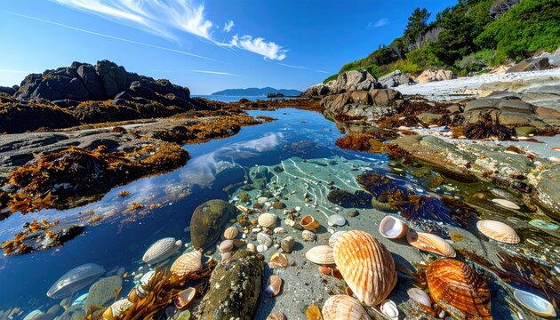 Coastal Tide Pool Reflecting Blue Sky and Distant Mountain Under Bright Sunlight