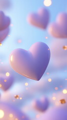 Dreamy Valentine's Day scene featuring pastel-colored hearts in shades of pink and lavender floating on a gentle, cloud-like background with soft, bokeh lights. Vertical reels story post greeting card