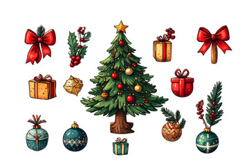 Watercolor Christmas elements: decorated Christmas trees, red and gold balls, candy canes, bells, 