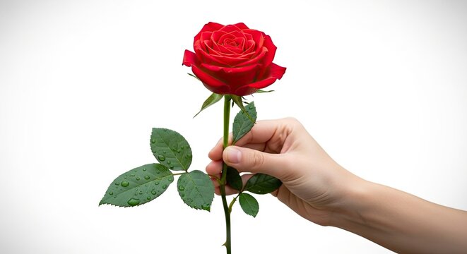 A hand holds a red rose with water droplets on its leaves against a white background