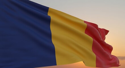 Romanian flag waving gently against a vibrant sunset sky, symbolizing national pride and unity on a peaceful evening in Romania.