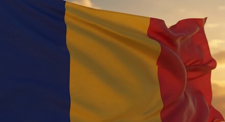 Romanian flag waving proudly against a golden sunset sky, symbolizing national pride and unity on a serene evening, creating a patriotic atmosphere.