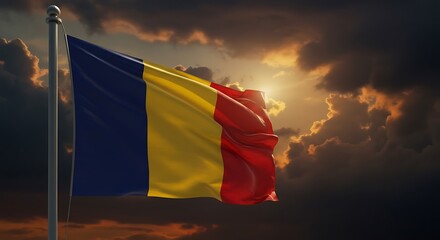 Romanian flag waving proudly against dramatic sunset sky, symbolizing national pride and resilience in the face of adversity, creating a powerful and inspiring image.