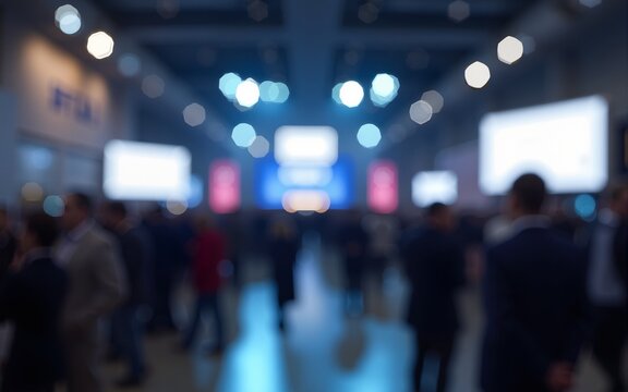 Convention Center Blur: A blurred background of a convention center or large event space, with people gathered for a business event. High quality
