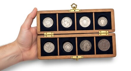 A hand holds a wooden box open to display a collection of eight diverse silver coins nestled in dark blue velvet